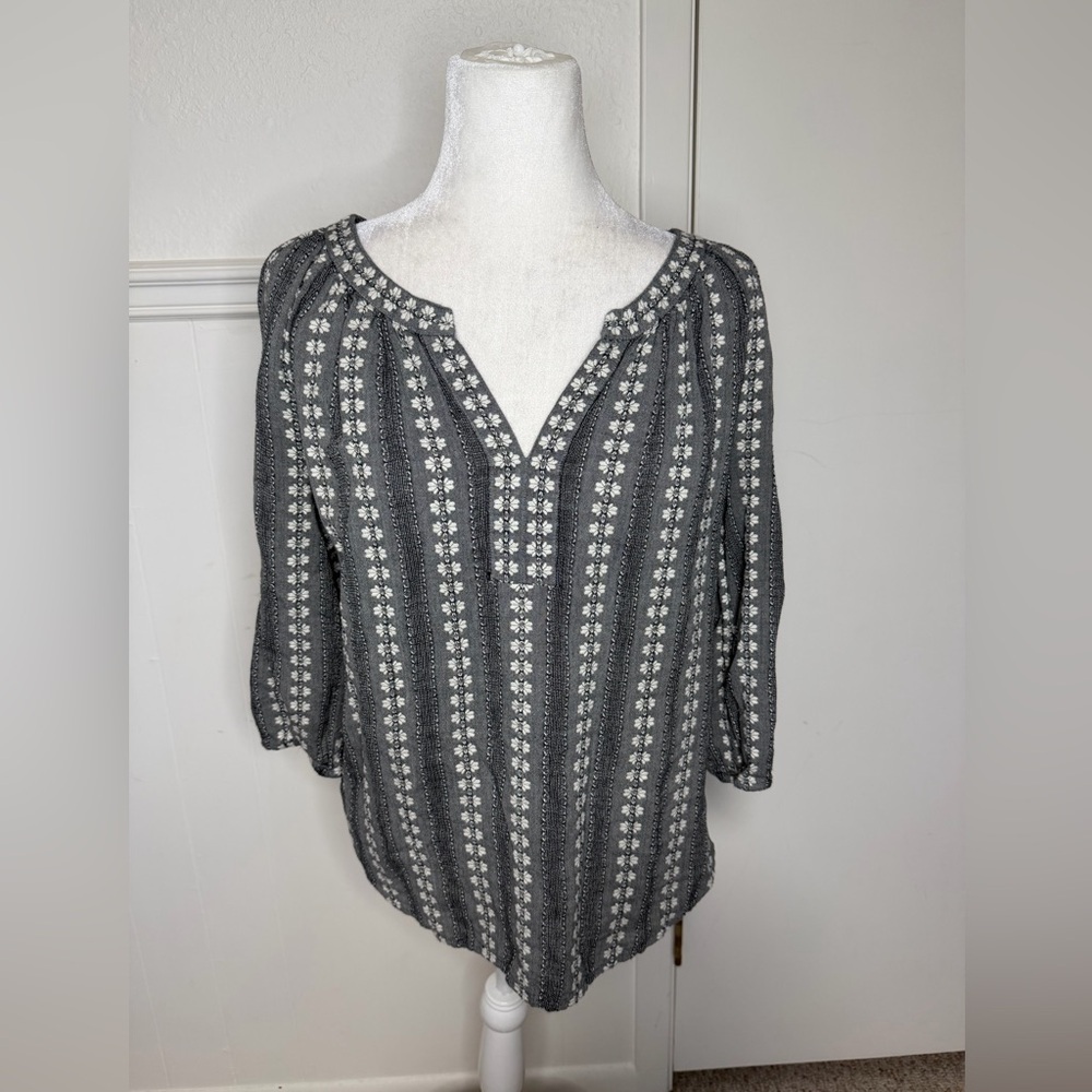 LOFT Gray and White Striped Floral Peasant Blouse